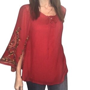 Figueroa & flower Red Embroidered Blouse Top Sz L Chiffon Boho Gypsy Romantic